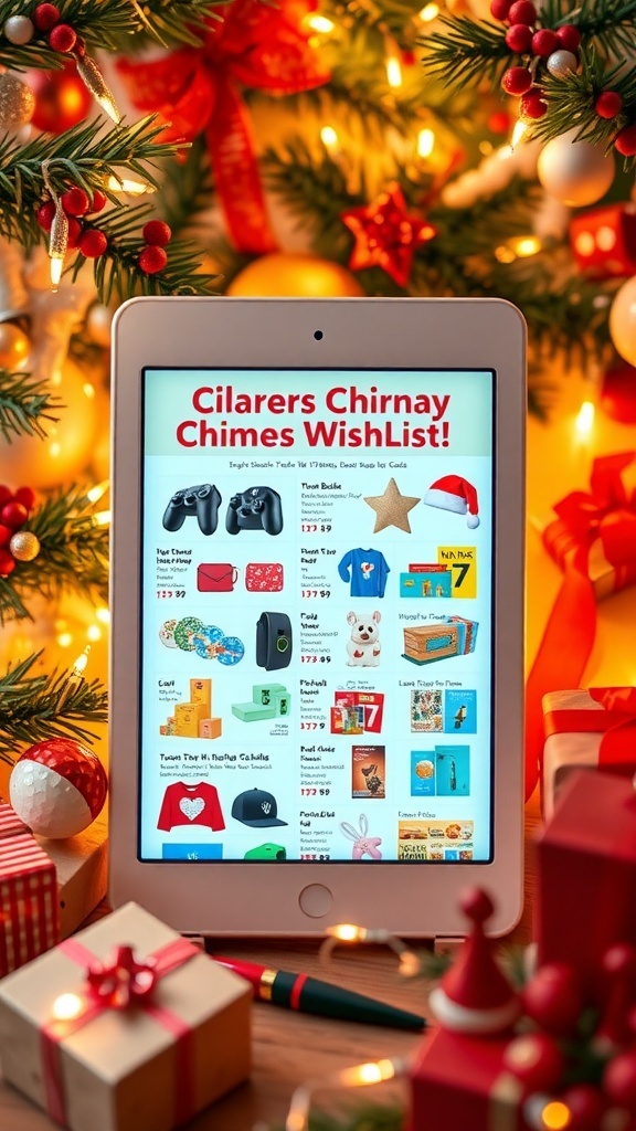 Christmas Wishlist Ideas for Online Shopping A digital Christmas wishlist on a tablet with holiday decorations around it.